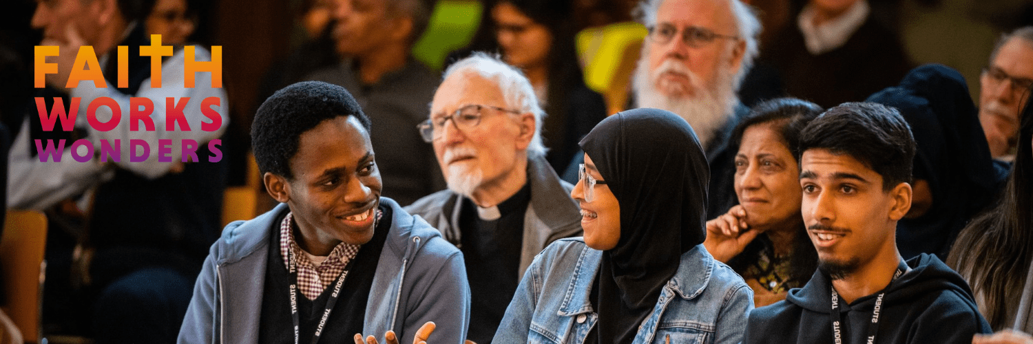 Faith Works Wonders image, two people chatting others listening